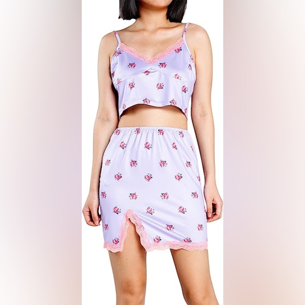 Lace Trim Floral Print Cami Top & Skirt Set (SHEIN)